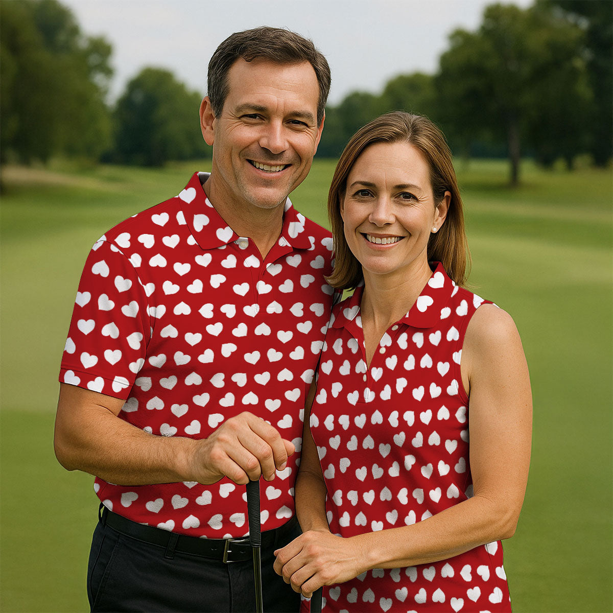 White And Red Heart Pattern Golf Tops For Men, Valentine Golf Gift, Polo Shirts For Men, Golf Gift For Men