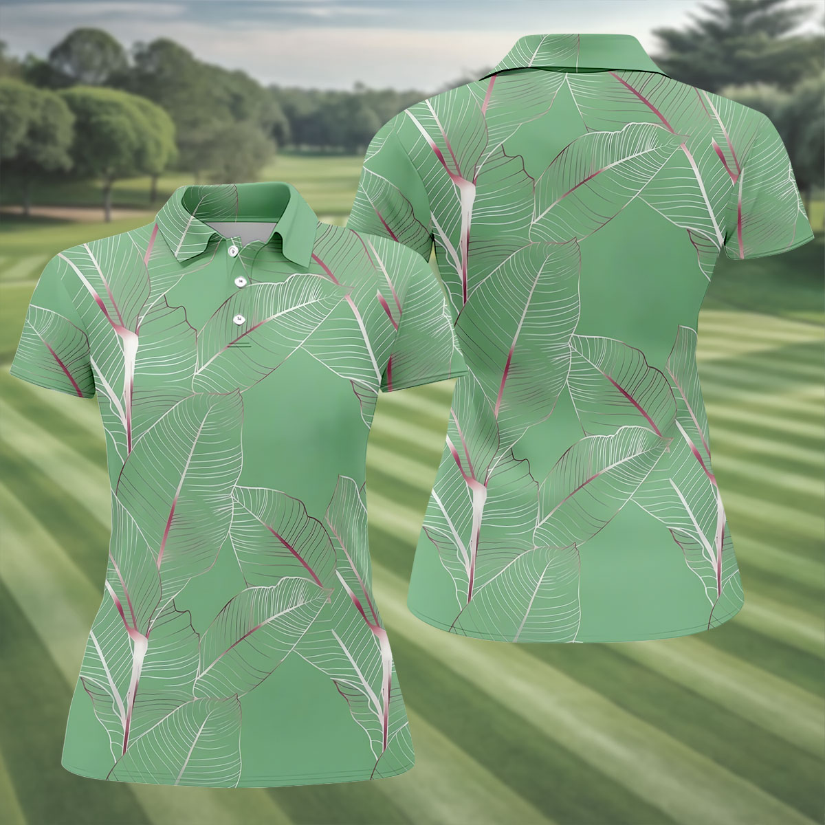 Tropical Leaves Green Golf Shirt, Summer Hawaiian Golf Shirt, Golf Shirt For Women