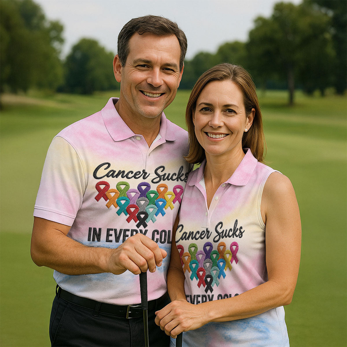 Cancer Sucks In Every Color Ribbon Polo Shirt, Mens Golf Polo, Printed Golf Shirts
