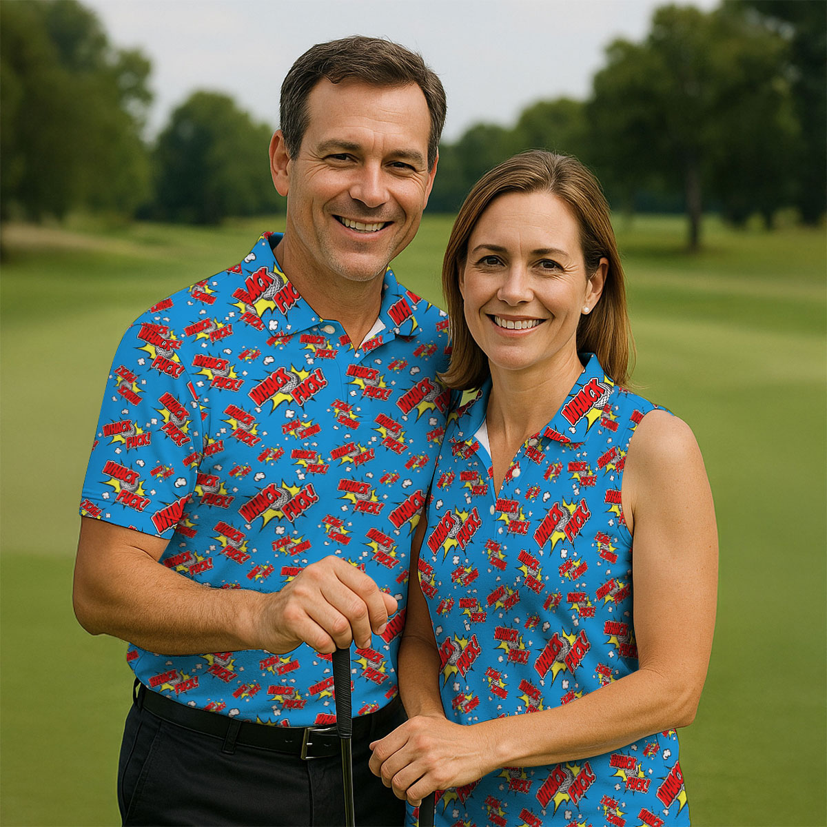 Funny Whack F*ck Comic Golf Ball Blue Polo Shirt, Mens Golf Polo, Golf Apparel For Men