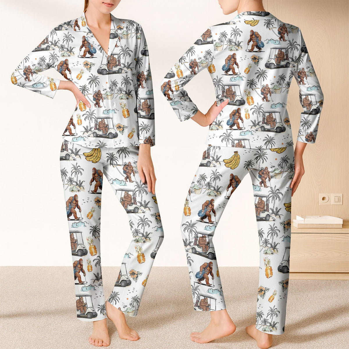 Funny Bigfoot Tropical Pajama, White Satin Pajama, Long Sleeve Pajama Set, Fun Pajama Sets