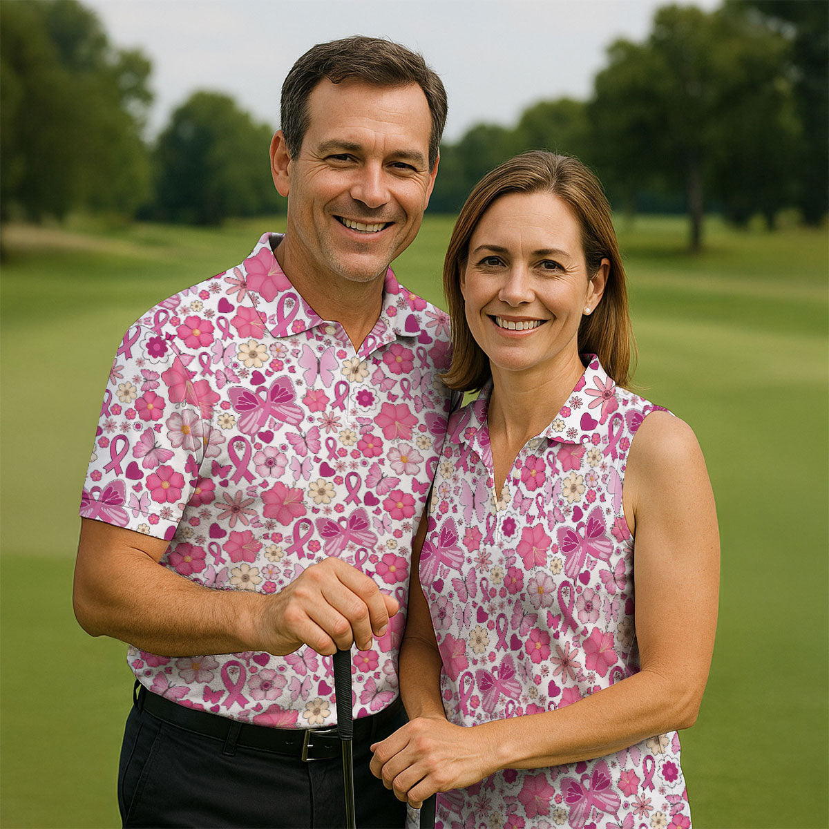 Breast Cancer Pink Ribbon Floral Golf Shirt, Cancer Awareness Shirt, Ladies Golf Polos, Golfing Apparel
