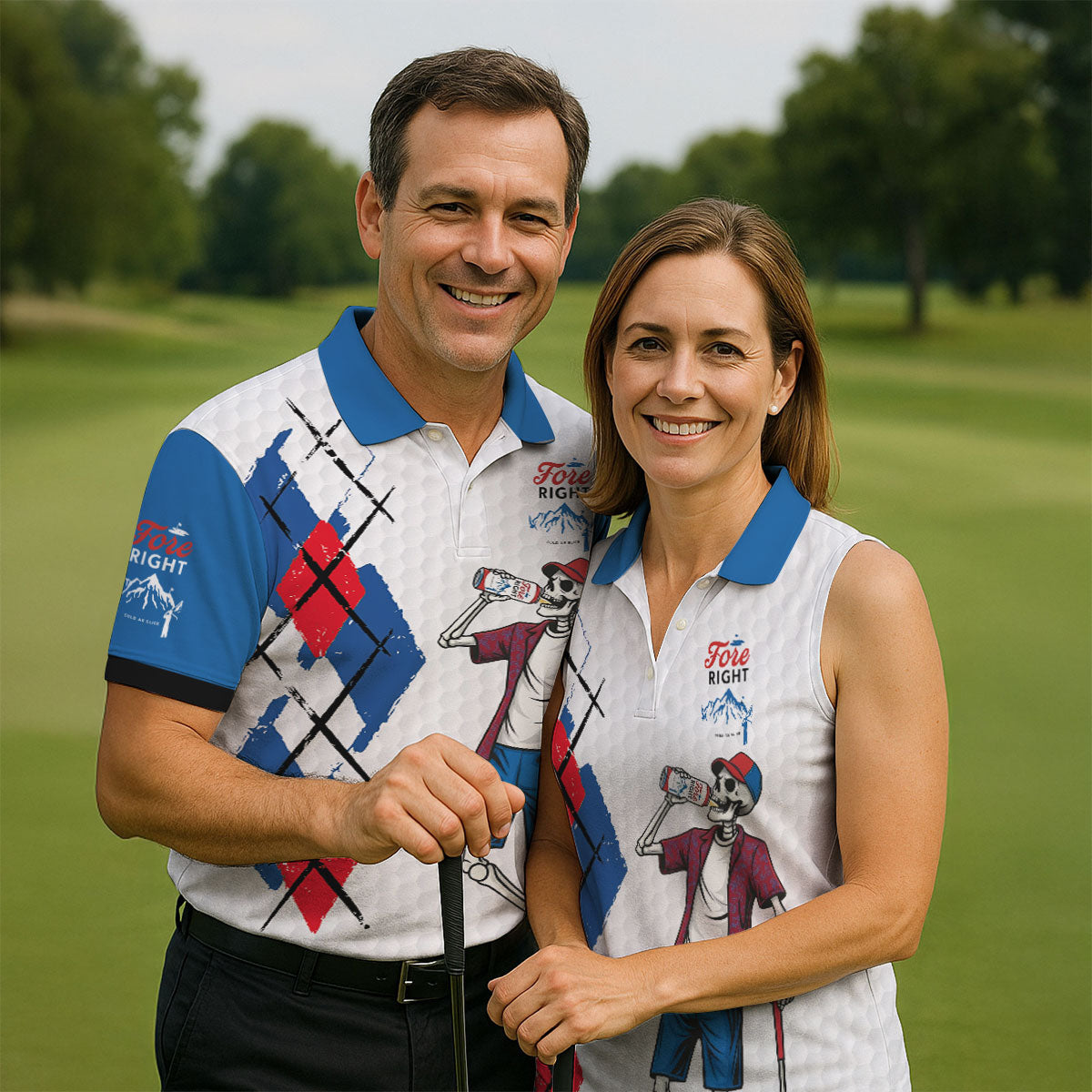 Fore Right Funny Skeleton Golf And Beer Red White Men's Funny Golf Shirts, Polo Shirts For Men