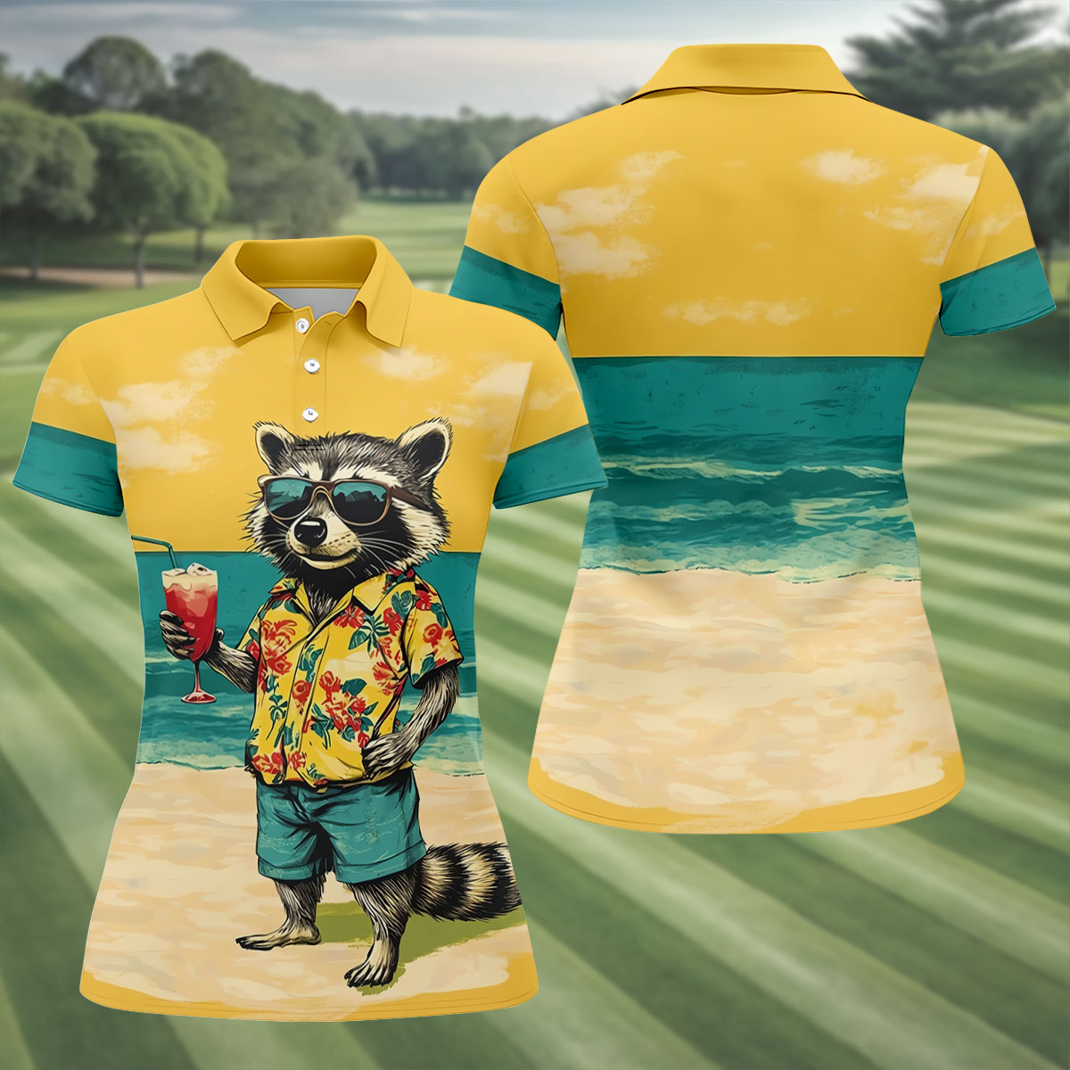 Cool Raccoon Tropical Yellow Hawaiian Golf Polo, Golf Tops For Women, Golfing Apparel