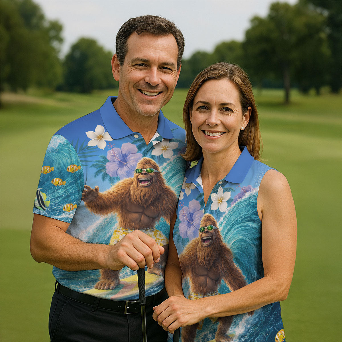 Surfing Bigfoot Riding Ocean Waves Design Hawaiian Golf Polo, Golf Tops For Men, Golfing Apparel