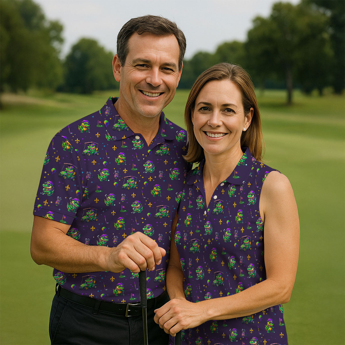 Funny Crocodile Mardi Gras Golf Shirts, Purple Golf Shirt, Golf Gift For Men, Golf Shirts For Men