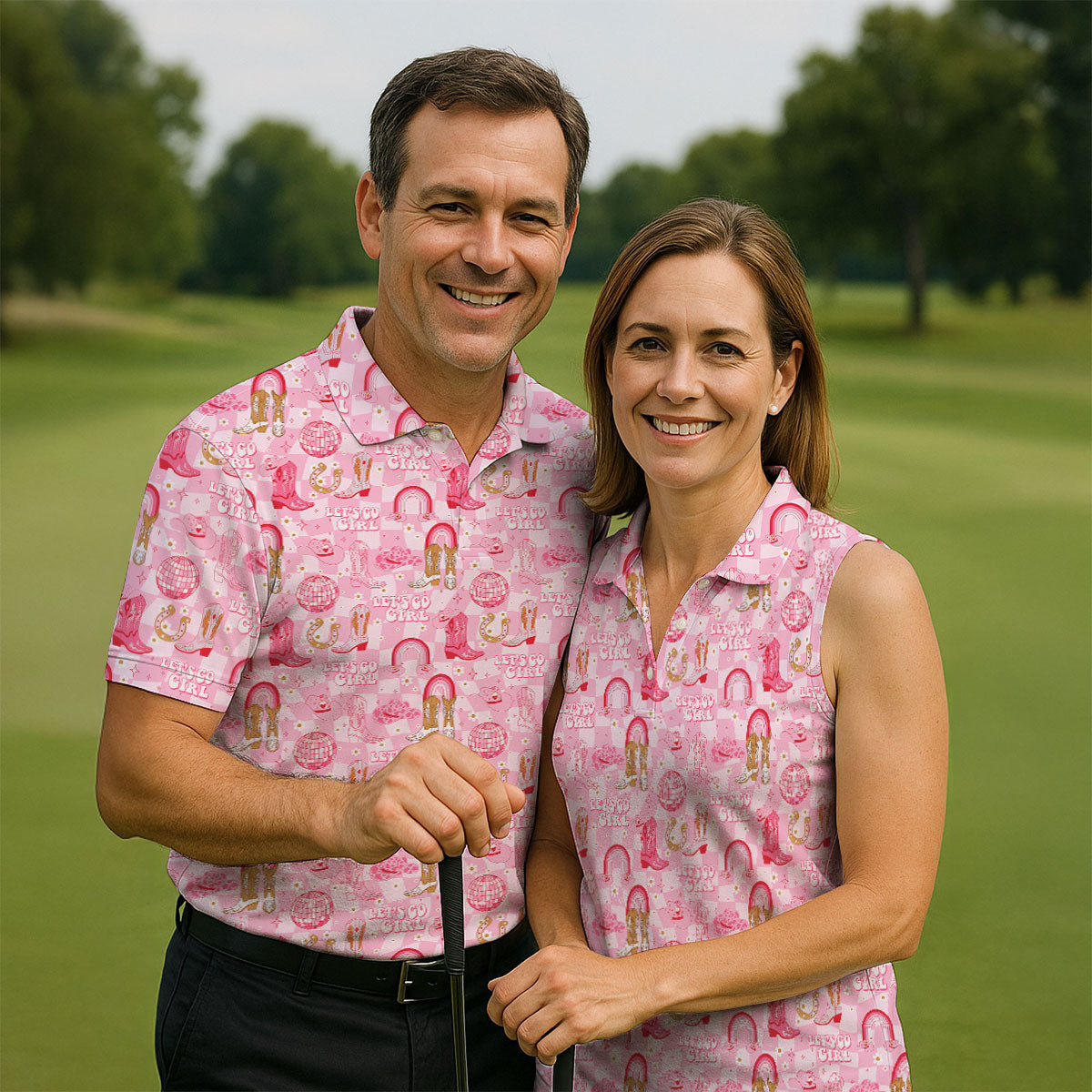 Let's Go Girl Pink Checkered Western Cowgirl Women's Golf Tops, Ladies Golf Polos, Golf Shirt For Women