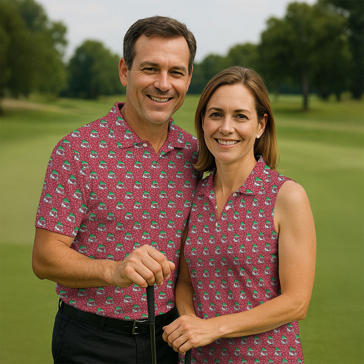 Christmas Golf Cart Pattern Red Women's Golf Tops, Christmas Golf Shirt, Polo Shirts For Women