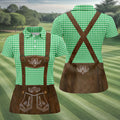 Women's Green Oktoberfest Lederhosen Illusion Sleeveless Golf Polo, Ladies Golf Top, Golf Polo For Women