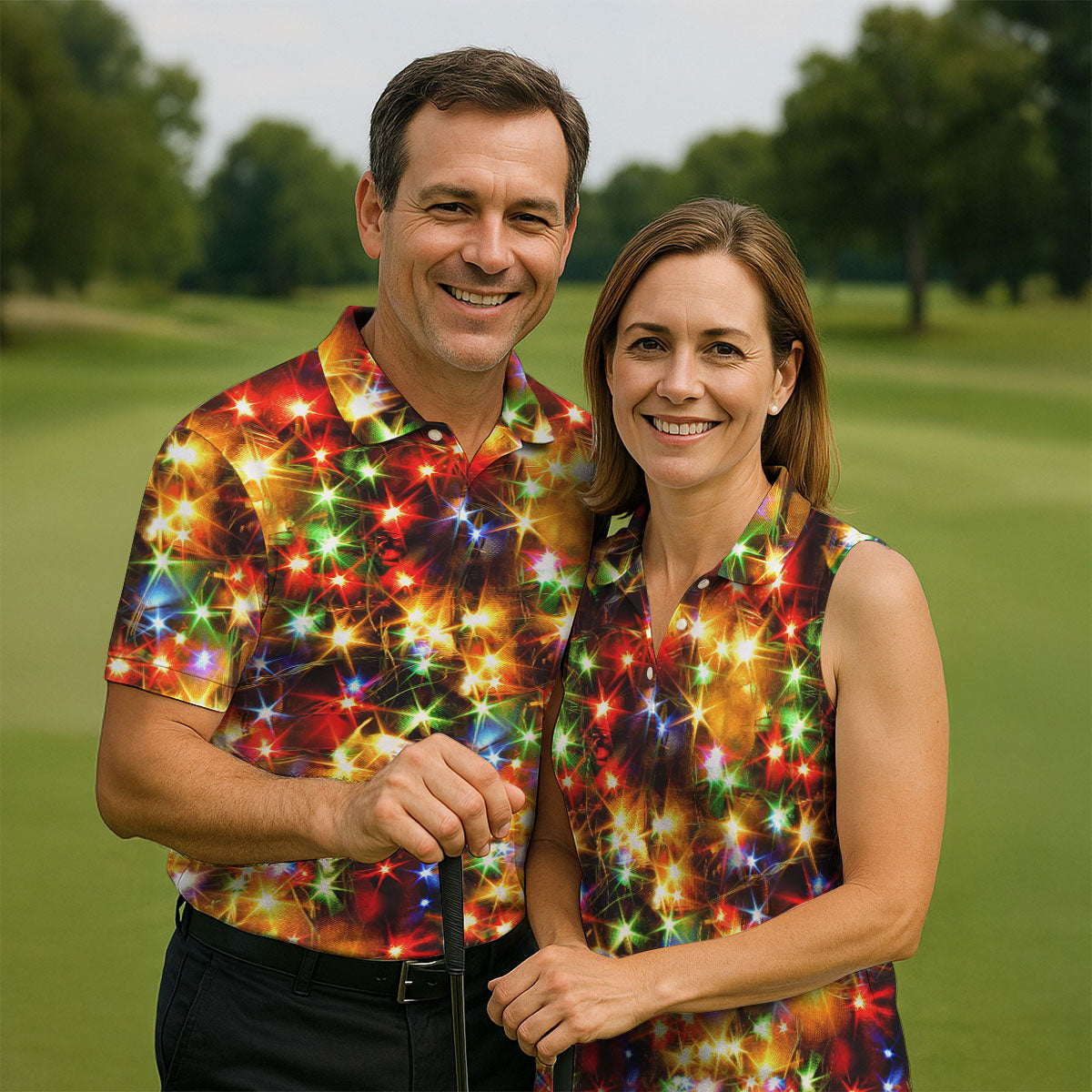 Colorful Christmas Lights Men's Golf Polo Shirts, Christmas Golf Shirt, Golf Gift For Men, Polo Shirts For Men