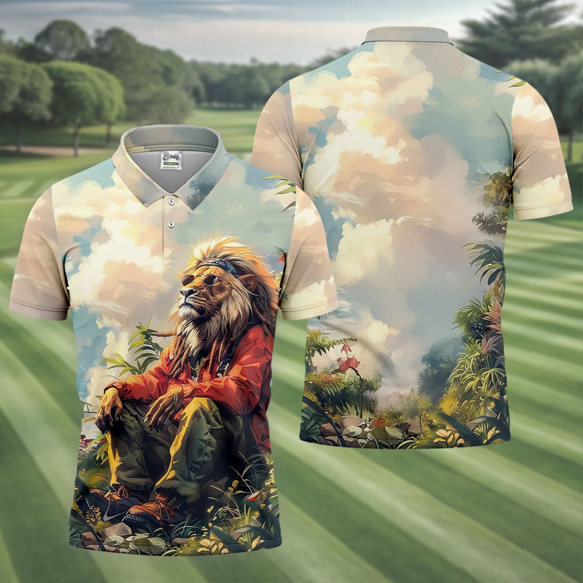 Lion Dreamscape Mist Hawaiian Golf Polo, Golf Tops For Men, Golfing Apparel