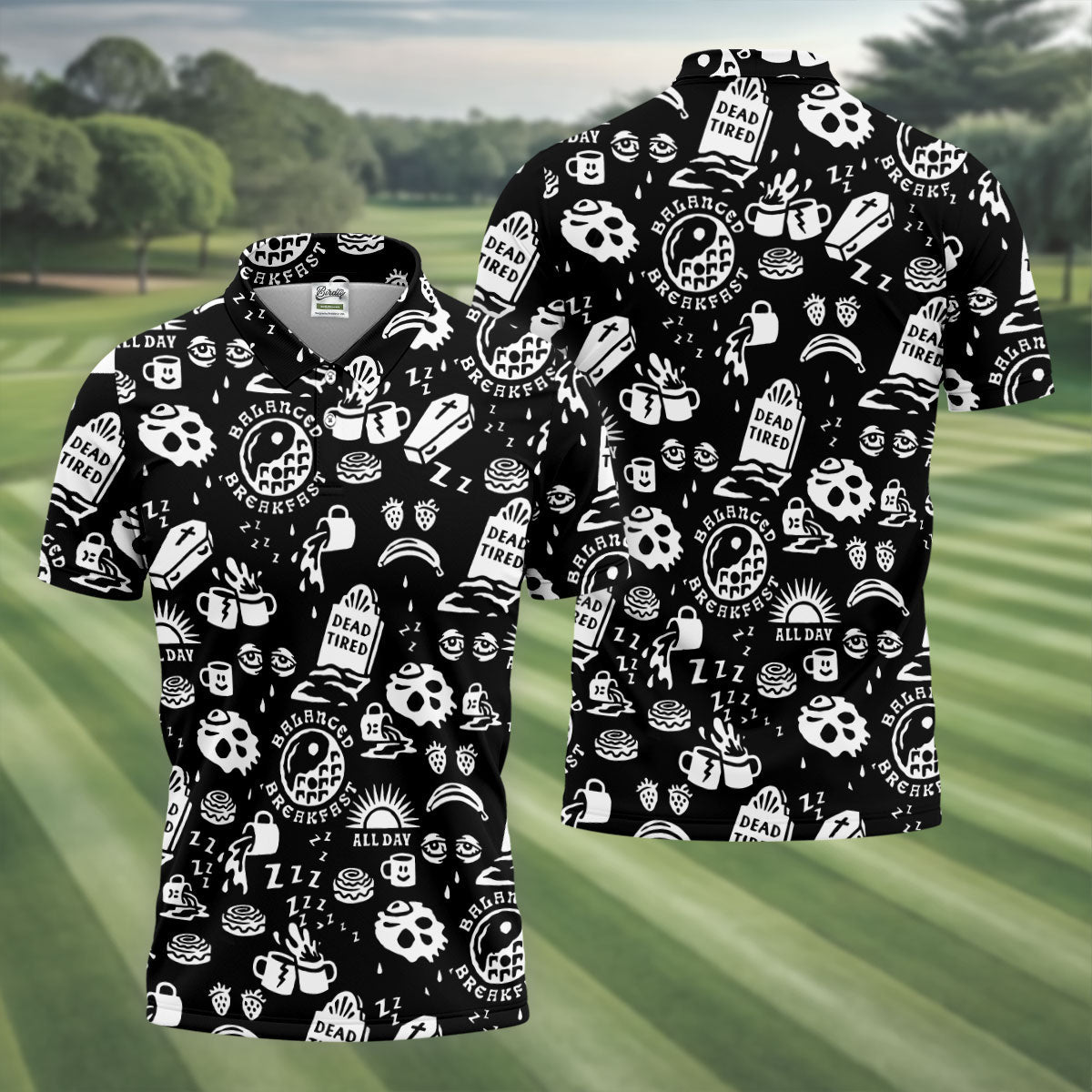 Dead Tired Coffee Breakfast Pattern Golf Shirt, Men's Golf Shirt, Golf Polo Shirts For Men