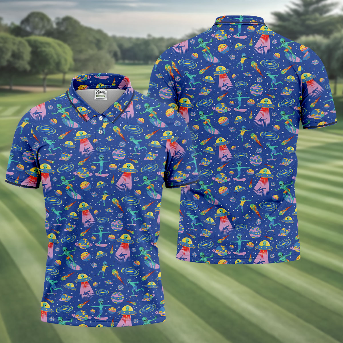 Surfing Alien Space Galaxy Hawaiian Golf Shirt, Hawaiian Golf Shirt, Golf Shirts For Men