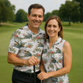 Tropical Coastal Alligator and Hibiscus Pattern Hawaiian Golf Polo, Golf Tops For Men, Golfing Apparel