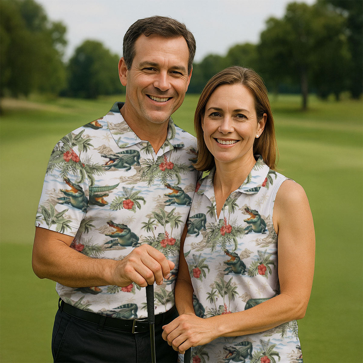 Tropical Coastal Alligator and Hibiscus Pattern Hawaiian Golf Polo, Golf Tops For Men, Golfing Apparel