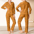 Skeleton Pumpkin Funny Orange Long Sleeve Pajama Set, Fun Pajama Sets, Halloween Gift