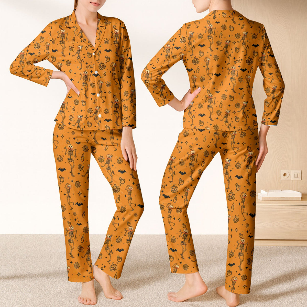 Skeleton Pumpkin Funny Orange Long Sleeve Pajama Set, Fun Pajama Sets, Halloween Gift