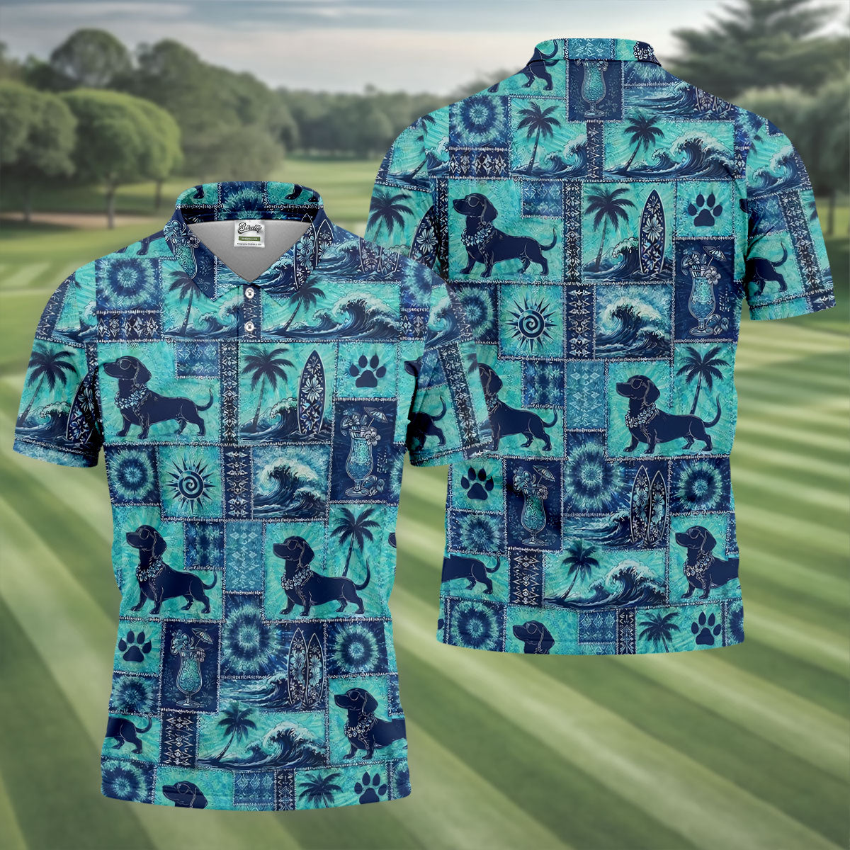Funny Tropical Dog Surf Patchwork Golf Polo Shirt, Mens Golf Polo, Printed Golf Shirts