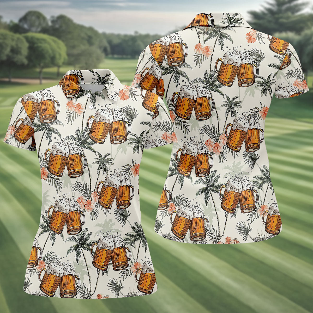 Tropical Palm Trees and Frosty Beer Mug Hawaiian Golf Polo, Golf Tops For Women, Golfing Apparel