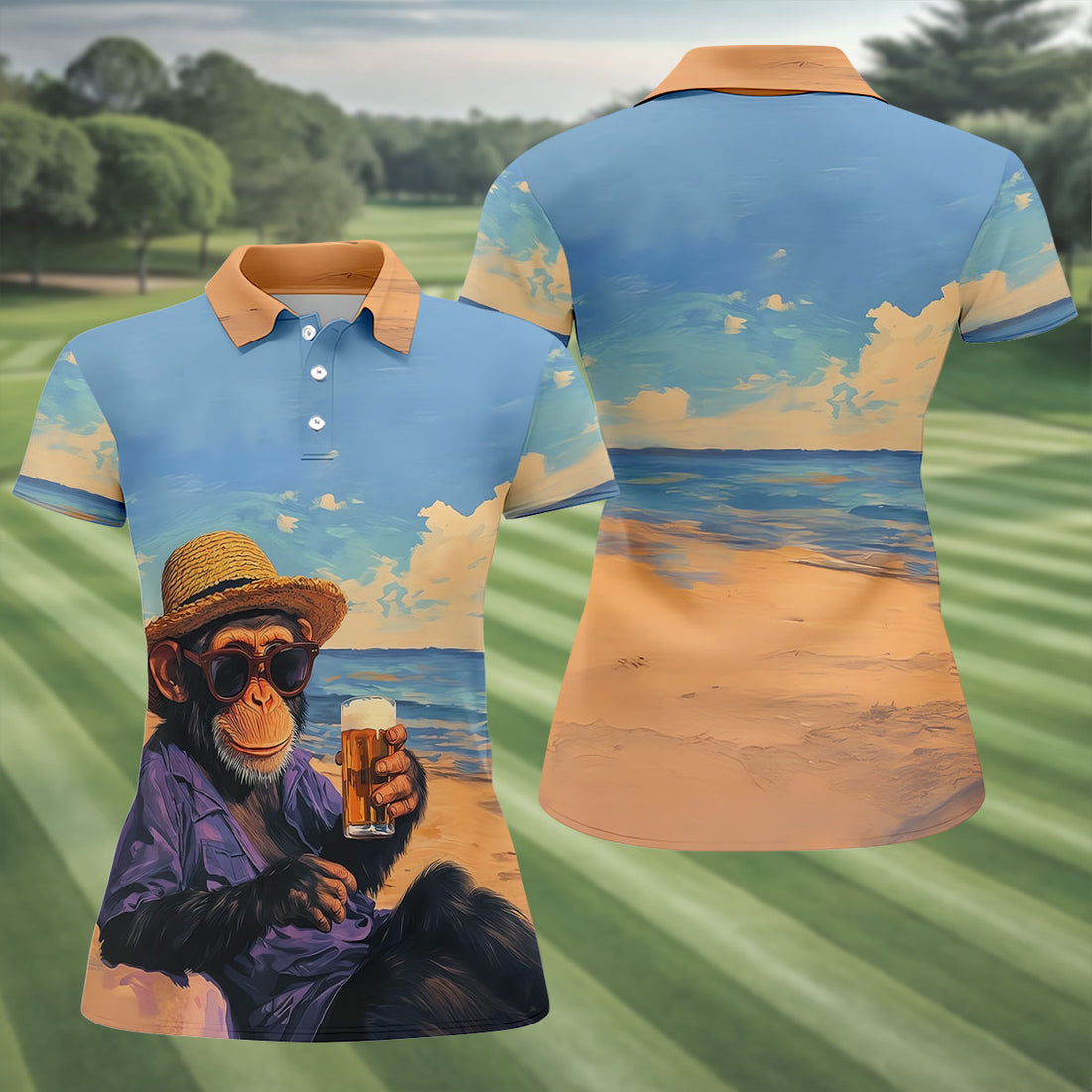 Beach Monkey Sky Sand Hawaiian Golf Polo, Golf Tops For Women, Golfing Apparel