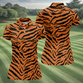 Bold Orange Black Tiger Stripe Animal Print Golf Shirt, Women Golf Shirts, Golf Apparel For Ladies