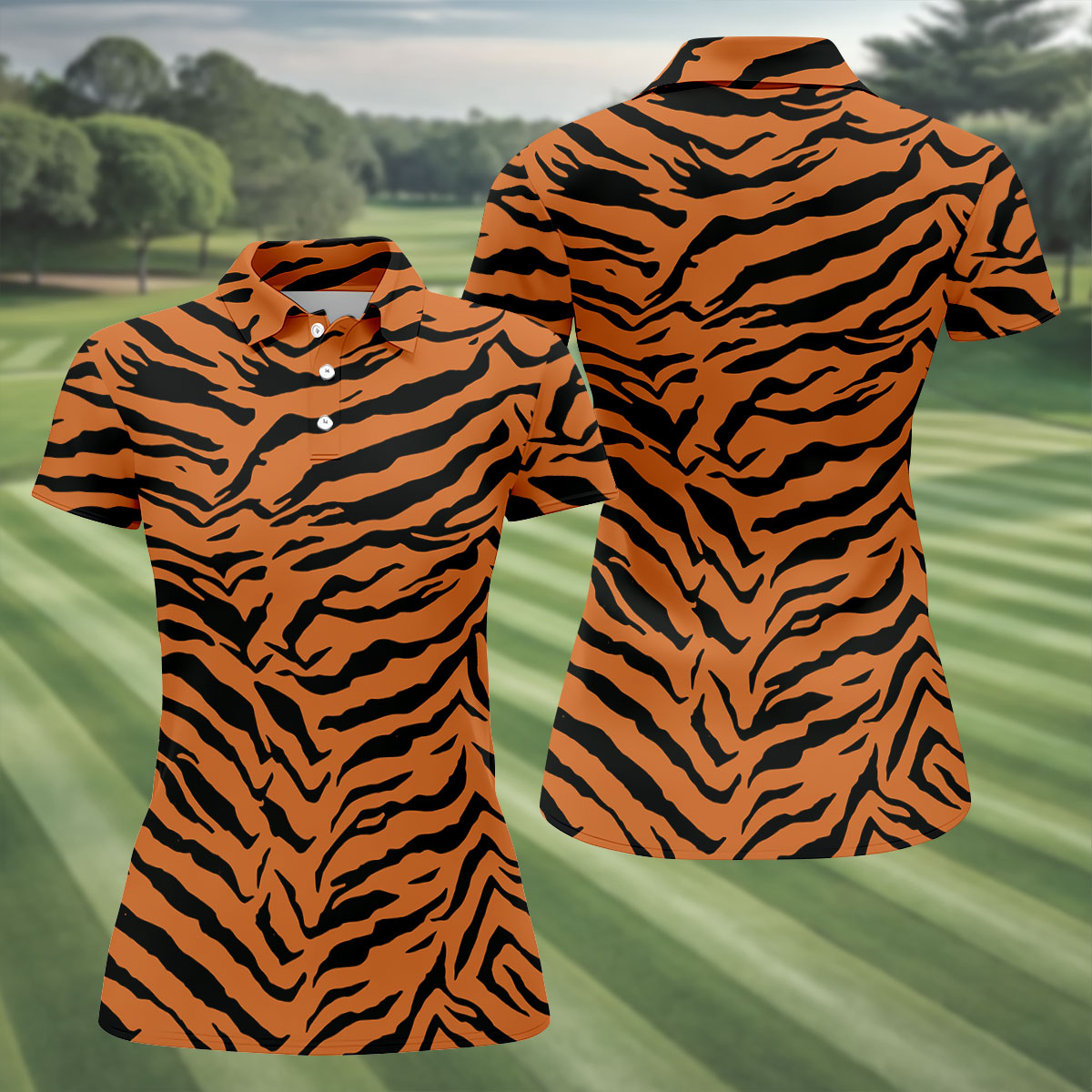 Bold Orange Black Tiger Stripe Animal Print Golf Shirt, Women Golf Shirts, Golf Apparel For Ladies