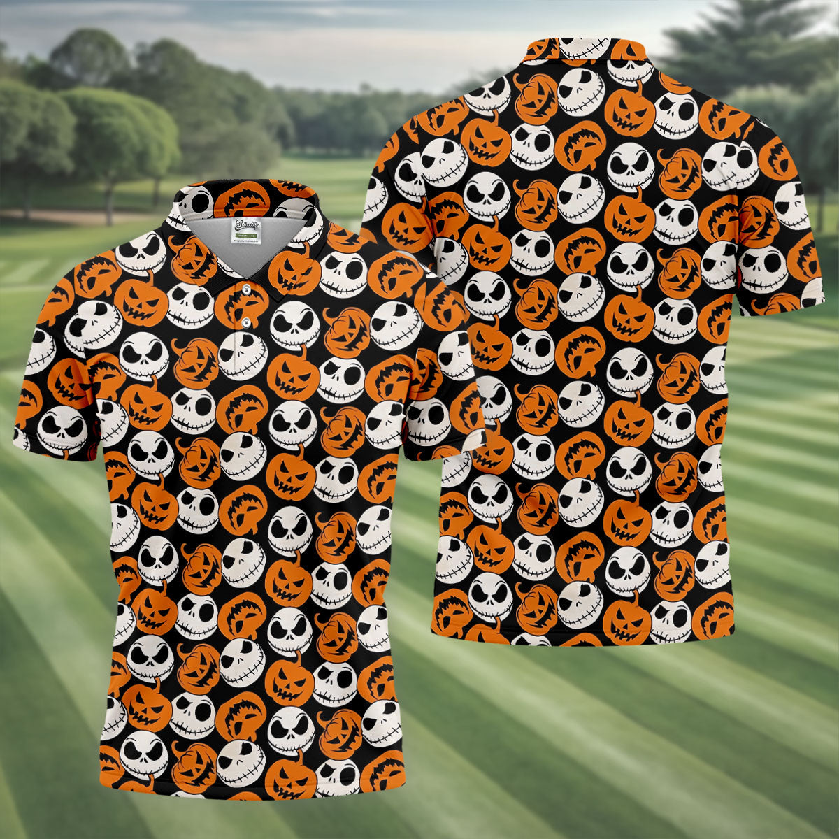 Halloween Skull Pumpkin Pattern Golf Polo Shirt, Men's Golf Shirt, Hawaiian Golf Shirt