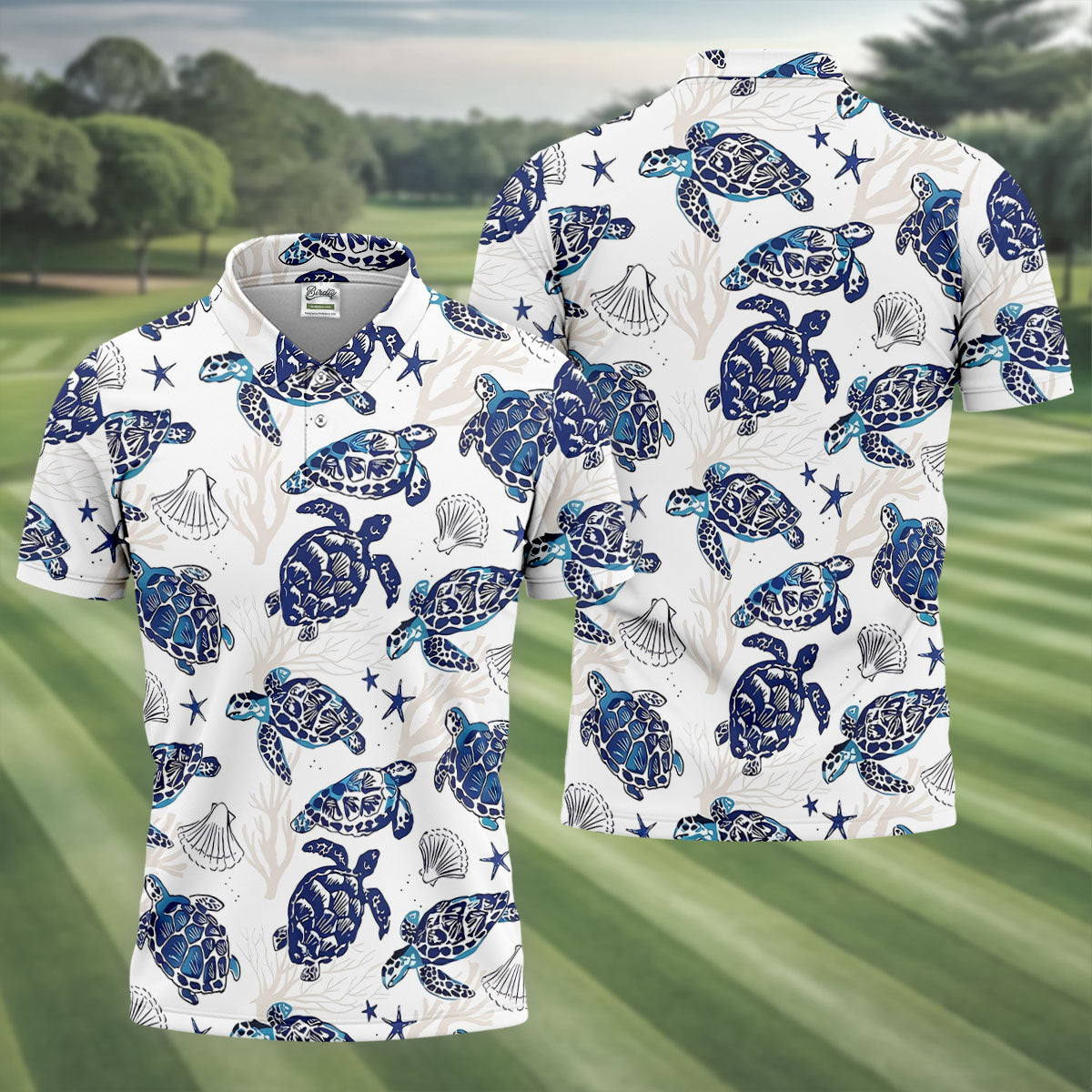 Sea Turtle, Starfish, Seashells and Coral Reef Art Hawaiian Golf Polo, Golf Tops For Men, Golfing Apparel