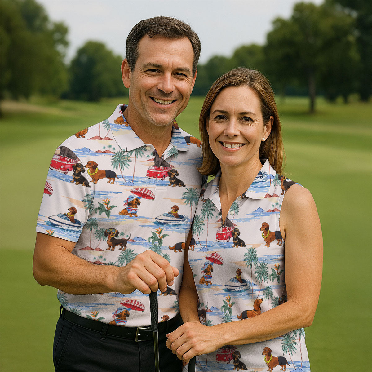 Tropical Dachshund Beach Pattern Hawaiian Golf Polo, Golf Tops For Women, Golfing Apparel
