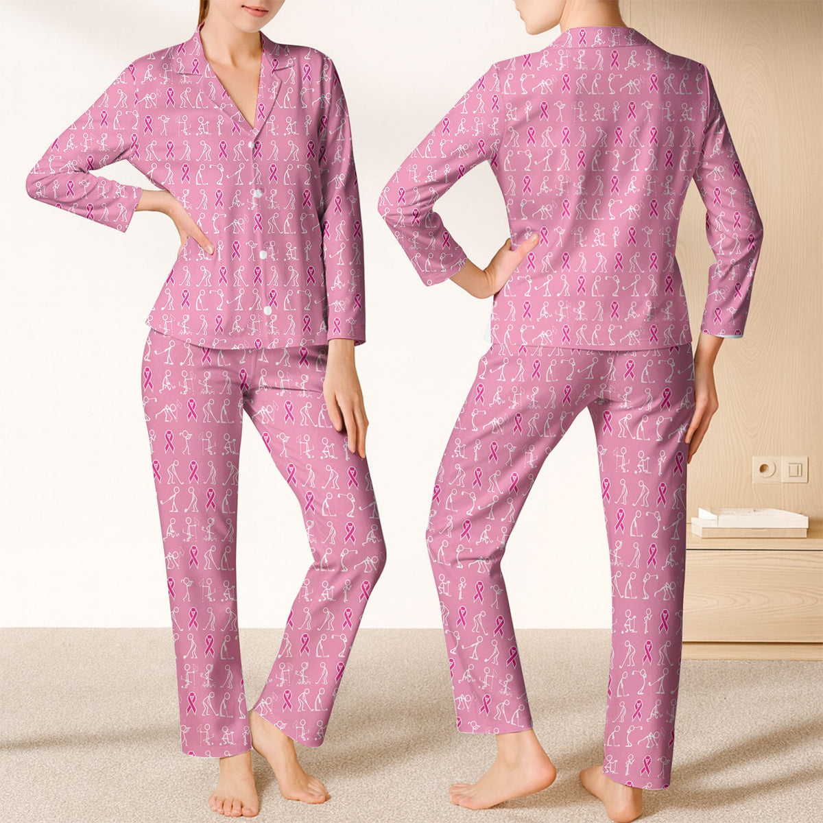 Funny Stick Figure Golfing Long Sleeve Pajama Set, Breast Cancer Awareness Pink Satin Pajamas