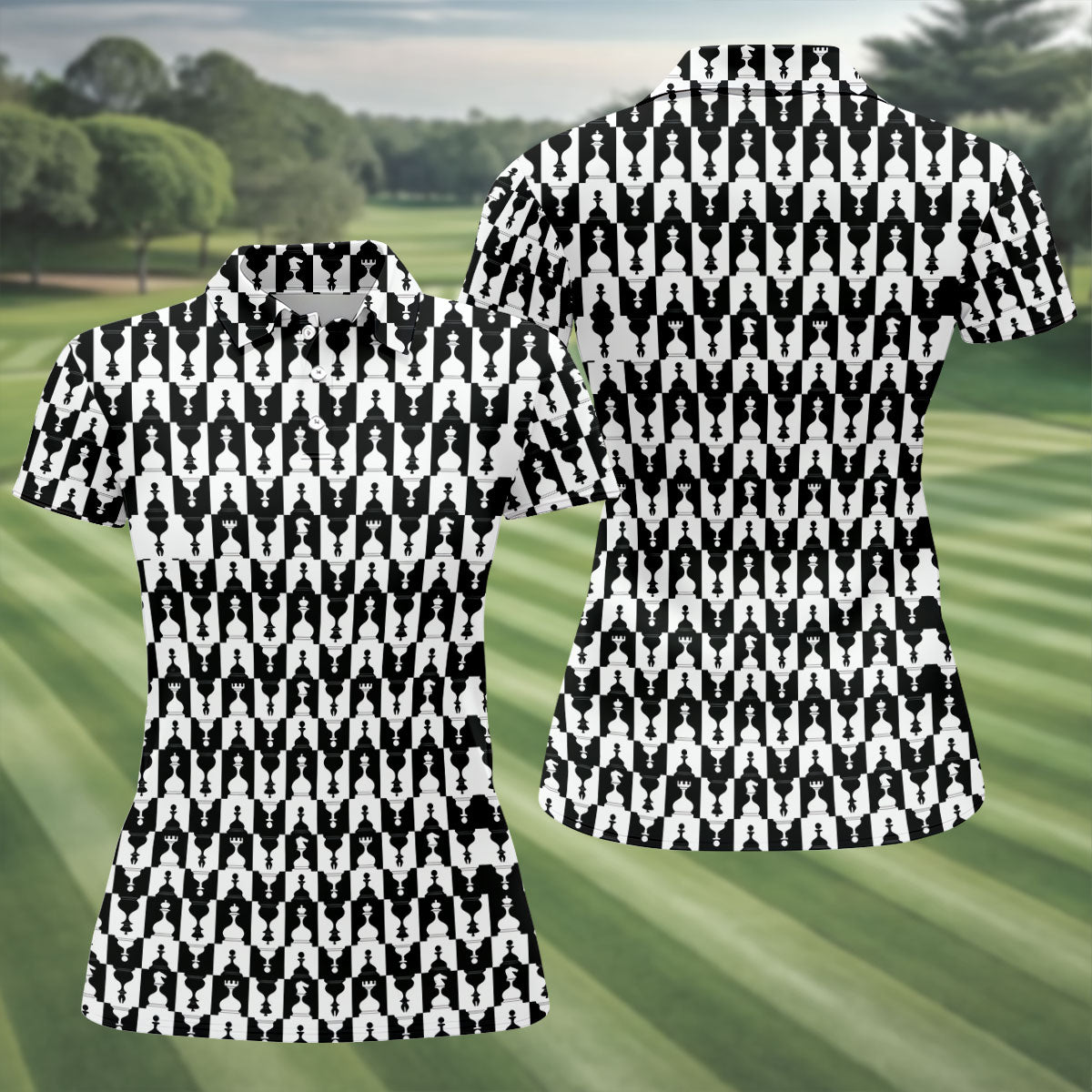 Chess Board Pattern Hawaiian Golf Shirt, Chess Lover Gift Women's Golf Tops, Ladies Golf Shirts
