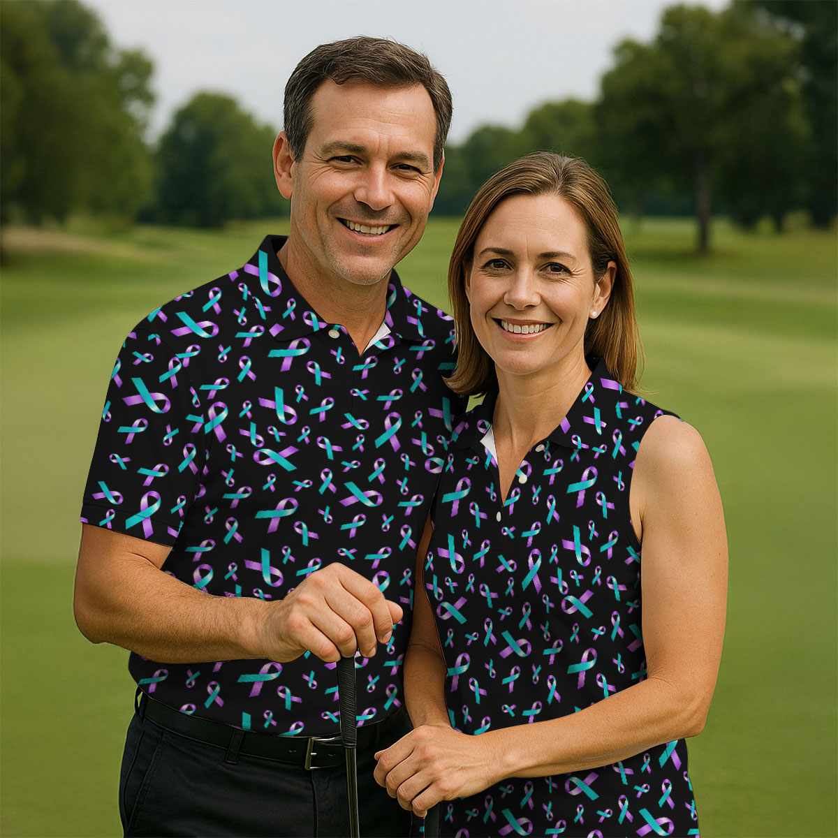 Suicide Prevention Awareness Ribbon Pattern Golf Polo Shirt, Women’s Golf Polo, Golf Shirts For Women