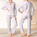 Breast Cancer Pink Ribbon With Golf Pattern Long Pajama Set, White Satin Pajama Set