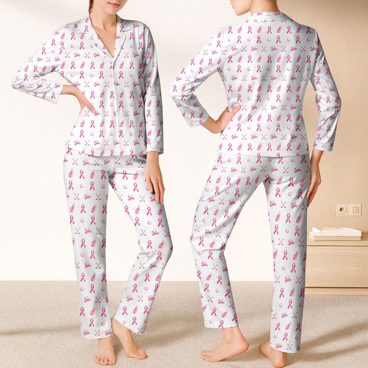 Breast Cancer Pink Ribbon With Golf Pattern Long Pajama Set, White Satin Pajama Set