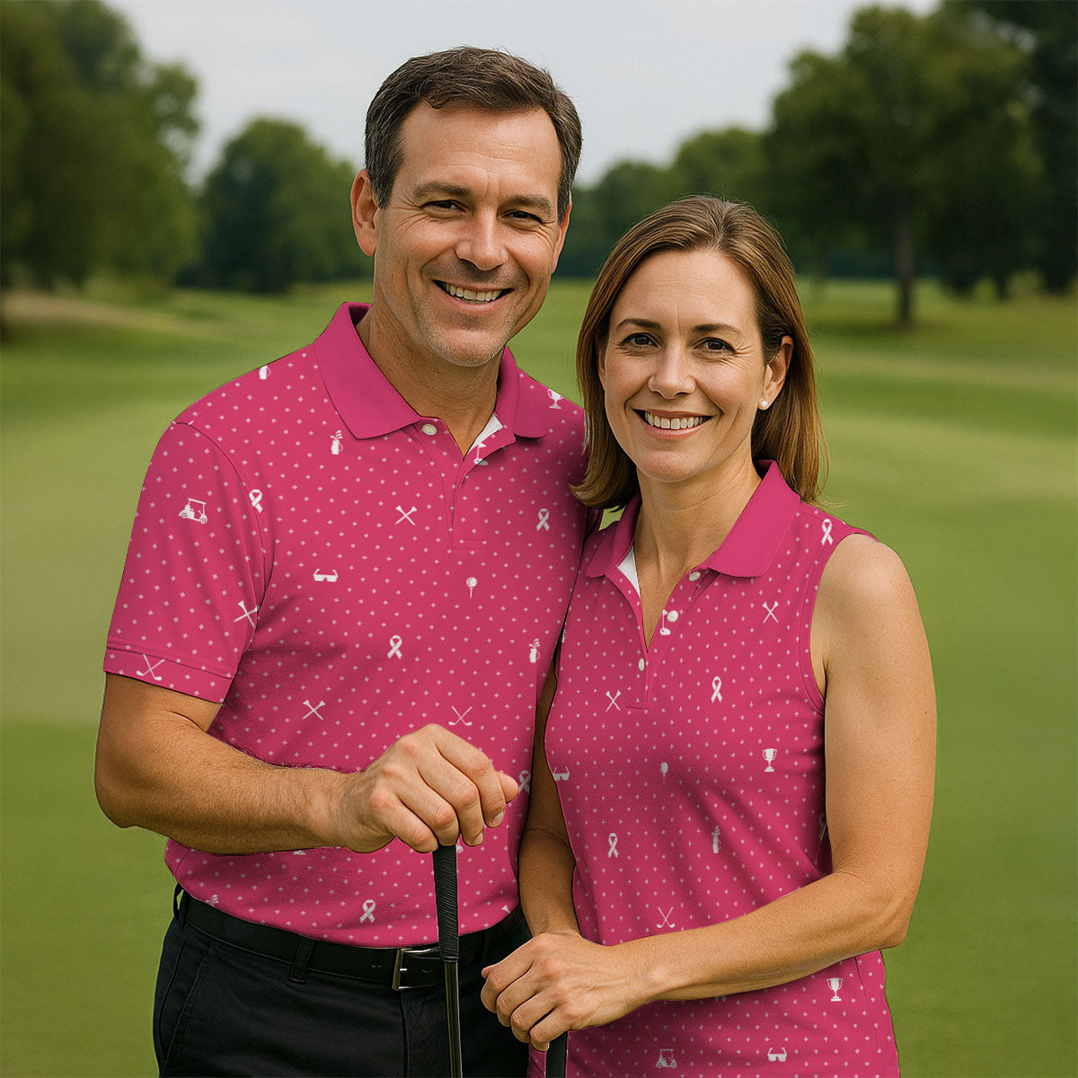Pink Ribbon Golf Pattern Breast Cancer Polo Shirt, Golf Shirts For Men, Mens Golf Apparel