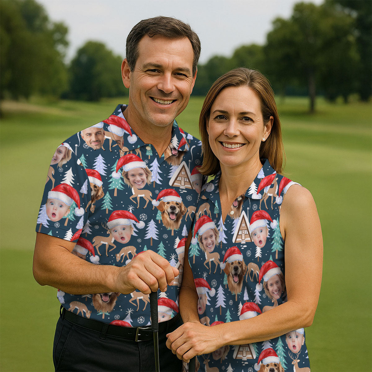 Custom Face Pine Tree Reindeer Dark Teal Green Christmas Golf Shirt, Golf Shirts For Men, Golf Gift For Men