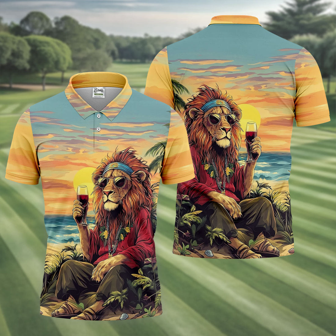 Tropical Lion Sunset Teal Hawaiian Golf Polo, Golf Tops For Men, Golfing Apparel