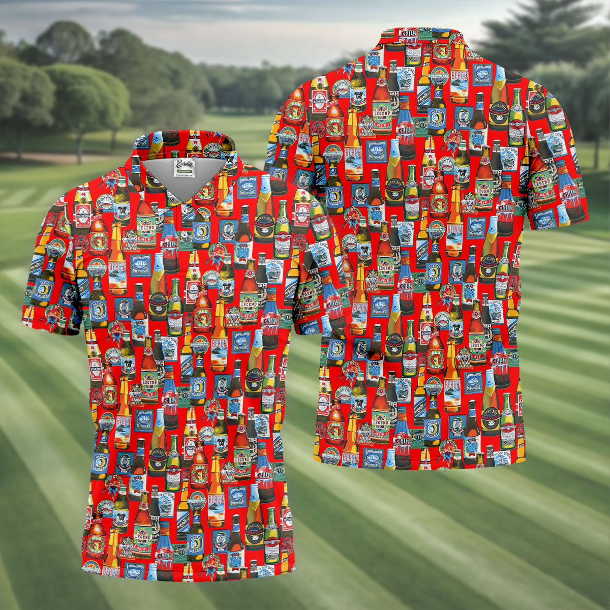 Beer Bottle Labels Red Golf Shirt, Men's Funny Golf Shirts, Golf Tops For Men, Golf Shirts For Men