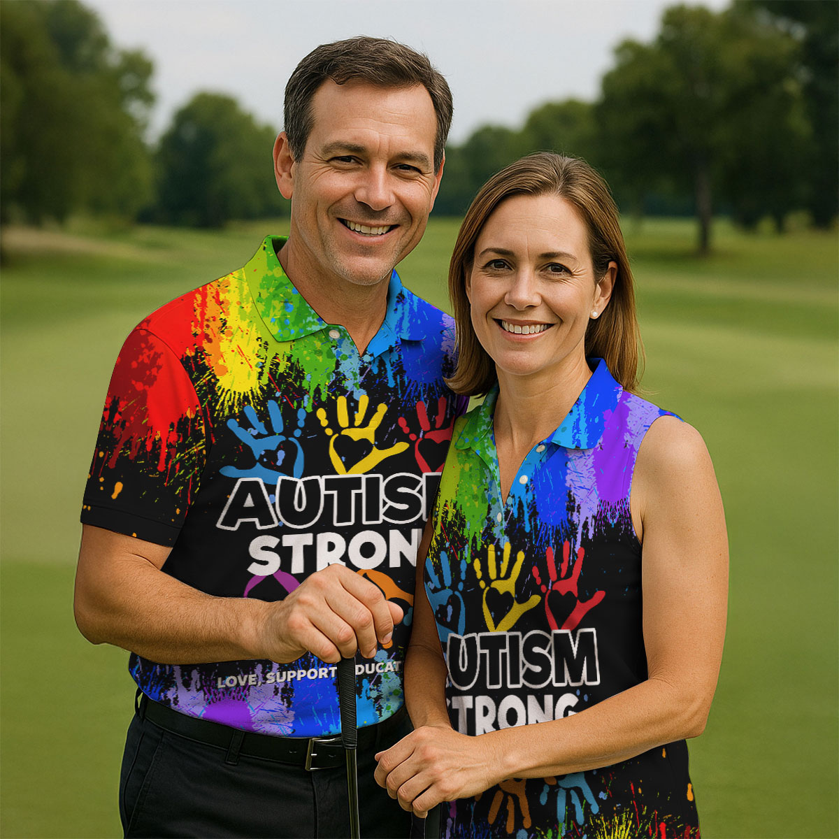 Autism Strong Rainbow Paint Splatter Golf Tops For Men, Autism Awareness Colors Golf Shirts For Men
