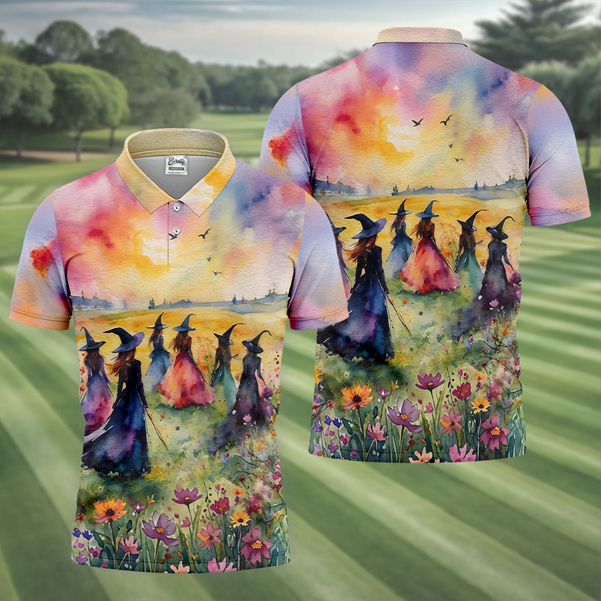 Watercolor Witch Gathering Halloween Golf Polo Shirt, Printed Golf Shirts, Golf Polo Shirts For Men