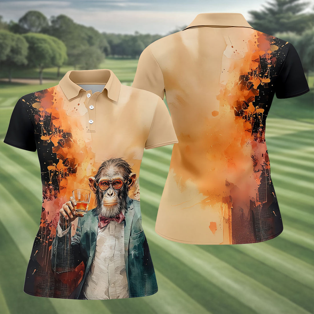 Gentleman Monkey Whiskey Golden Sunset Hawaiian Golf Polo, Golf Tops For Women, Golfing Apparel