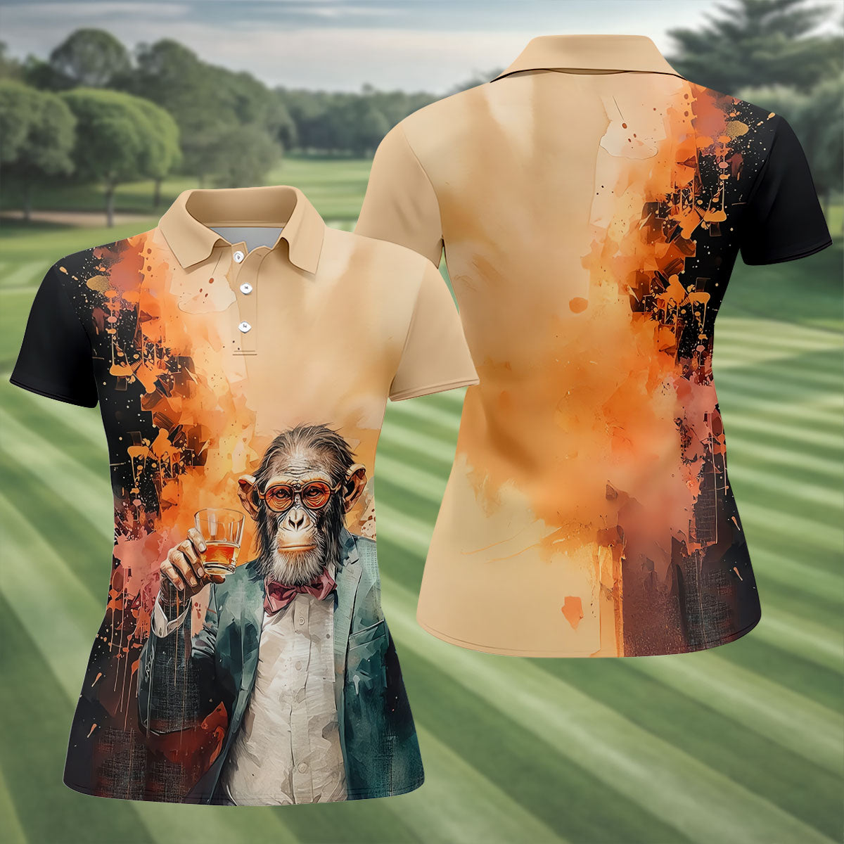 Gentleman Monkey Whiskey Golden Sunset Hawaiian Golf Polo, Golf Tops For Women, Golfing Apparel