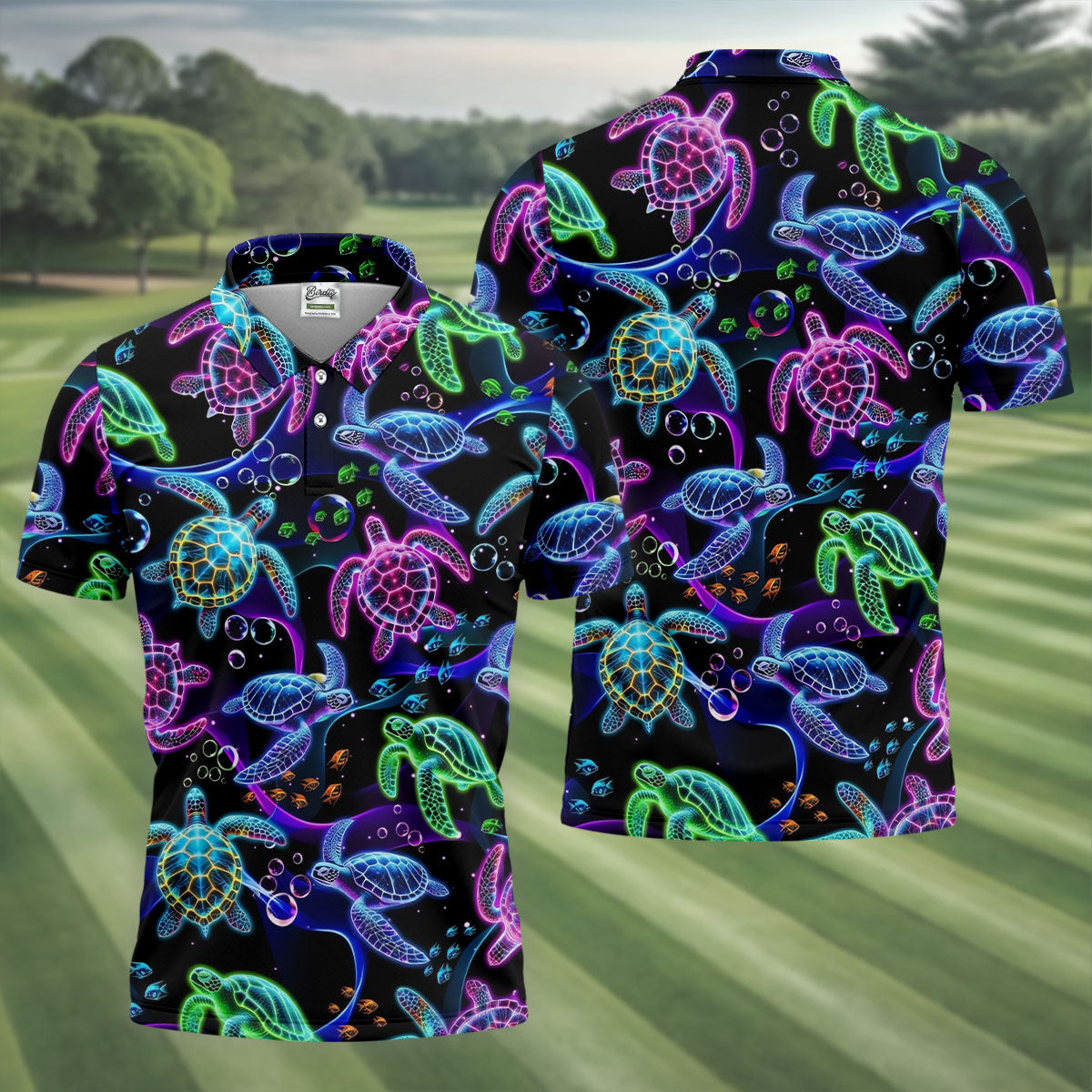 Neon Sea Turtle Ocean Pattern Hawaiian Golf Polo Shirt, Mens Golf Polo, Printed Golf Shirts