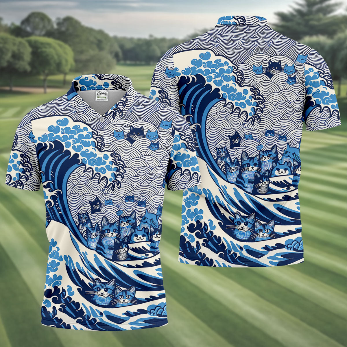 Japanese Wave Cat Hawaiian Golf Shirt, Golf Shirts For Men, Mens Golf Apparel
