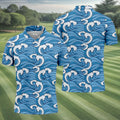 Japanese Wave Golf Shirt, Ocean Wave Pattern Men's Golf Polo, Polo Shirts For Men