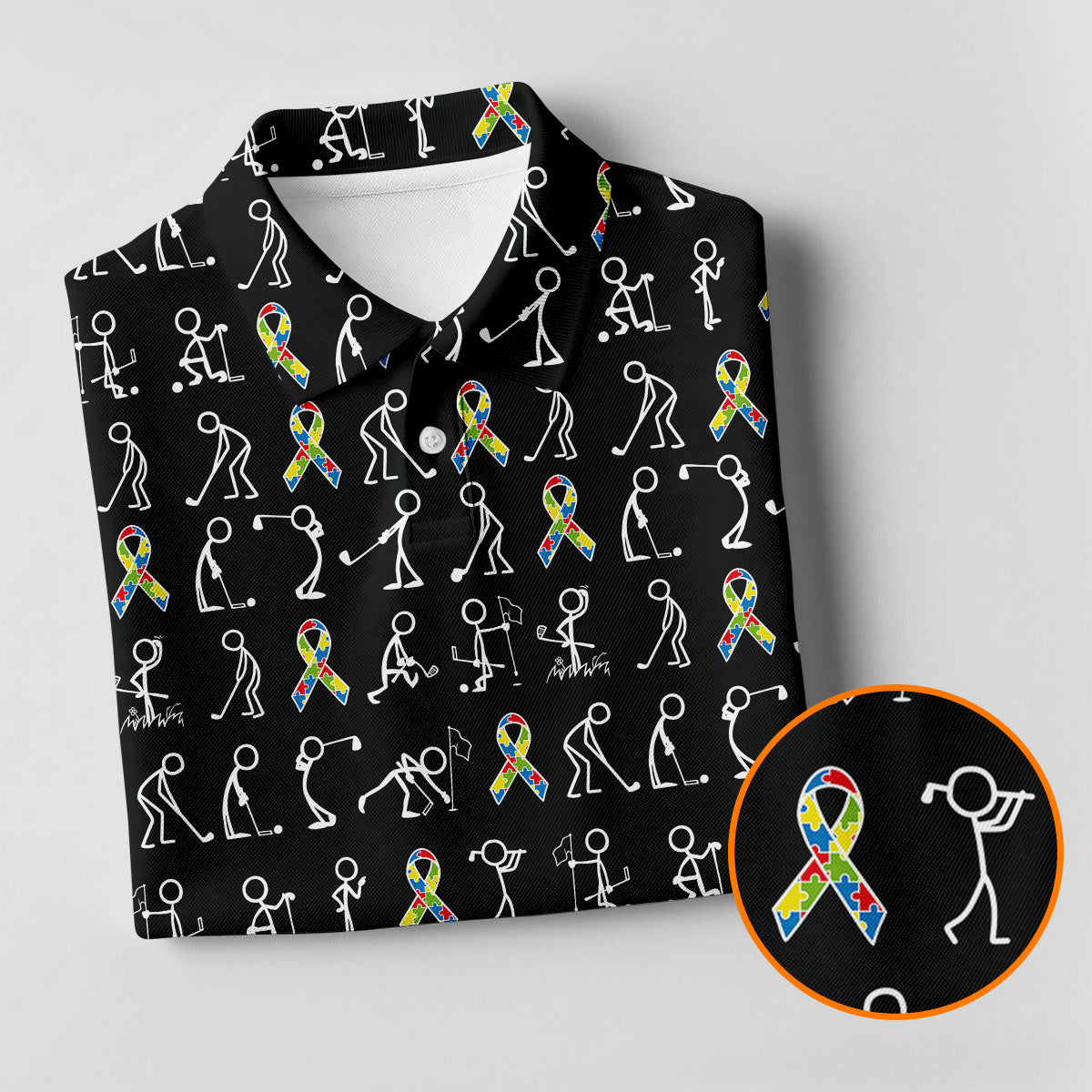 Stick Figure Golf Pose Autism Ribbon Black Golf Shirt, Autism Awareness Colors Golf Shirts For Men