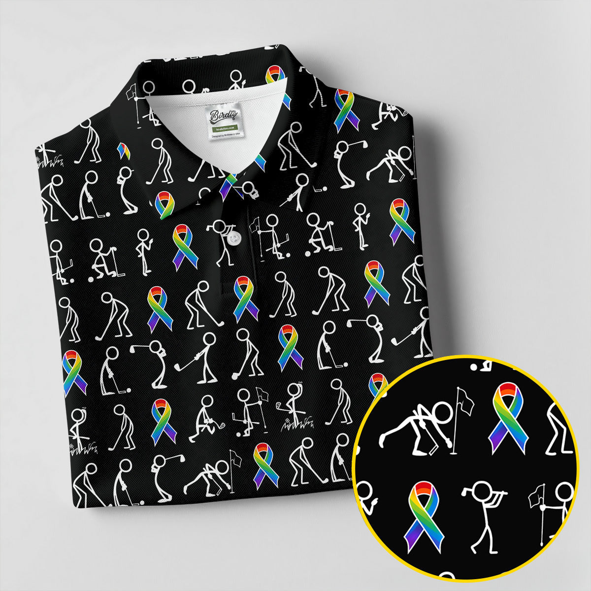 Rainbow Cancer Ribbon Stick Figure Golf Pattern Shirt, Printed Golf Shirts, Polo Shirts For Men