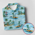Green Alien Riding Waves on Tropical Island Beach Hawaiian Golf Polo, Golf Tops For Men, Golfing Apparel