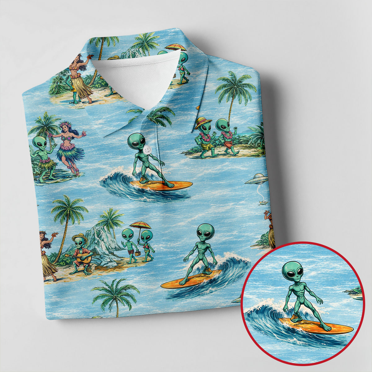 Green Alien Riding Waves on Tropical Island Beach Hawaiian Golf Polo, Golf Tops For Men, Golfing Apparel