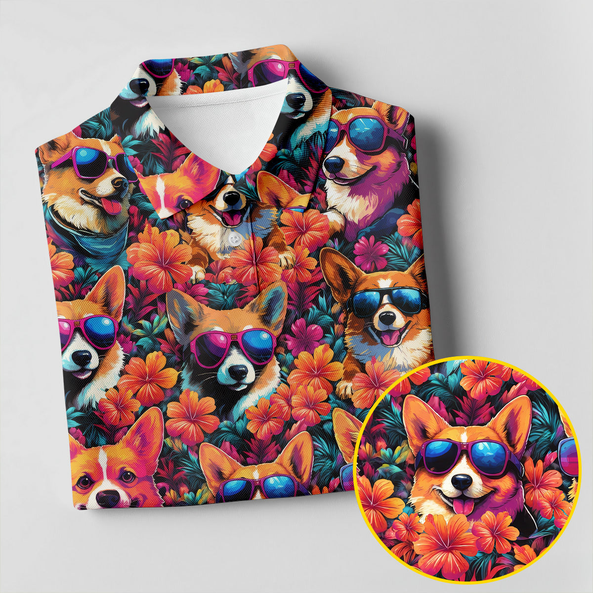 Tropical Corgi Floral Pattern Hawaiian Golf Polo, Golf Tops For Women, Golfing Apparel